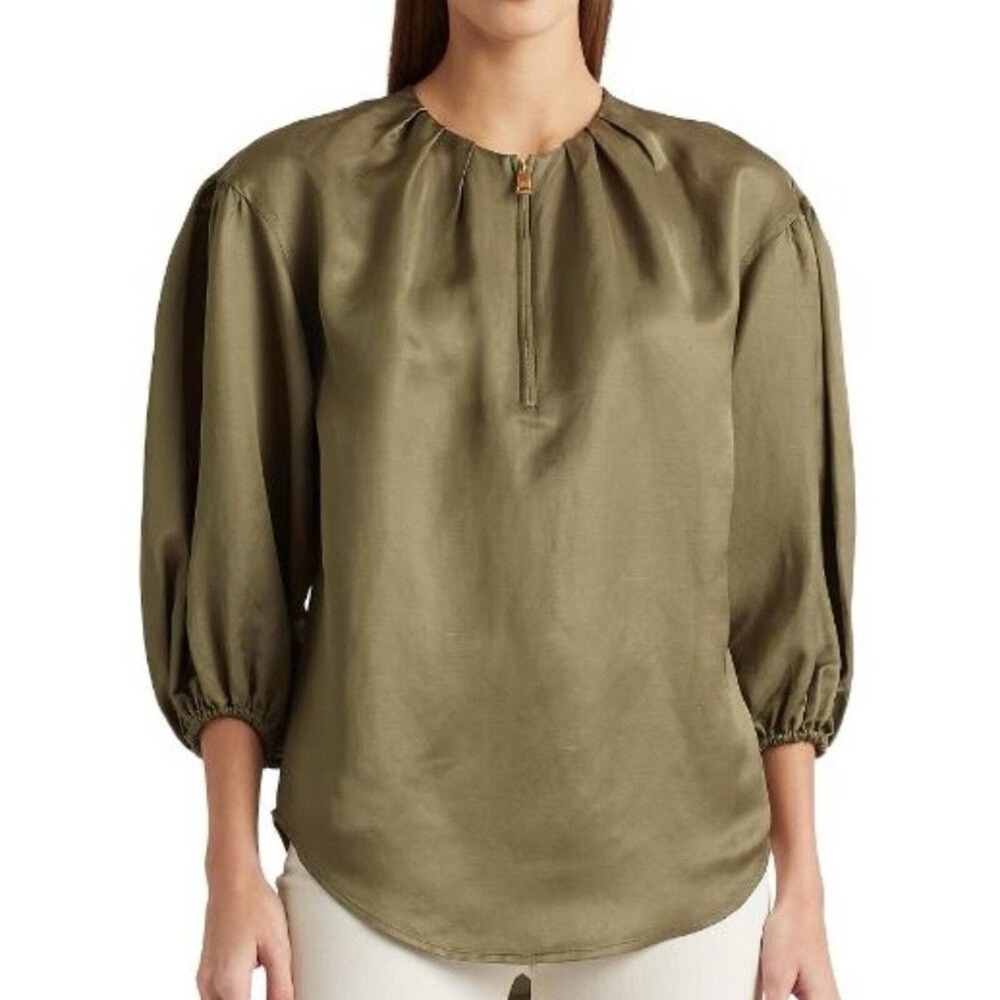 Lauren Ralph Lauren XL Olive Green Linen Blend Gold Zip Balloon Sleeve Top